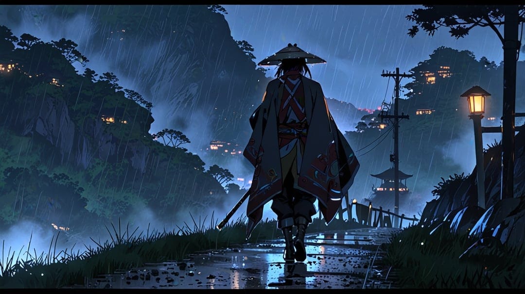 Samurai warrior walking on a wet path in a dark Japanese village with glowing lanterns and falling rain.