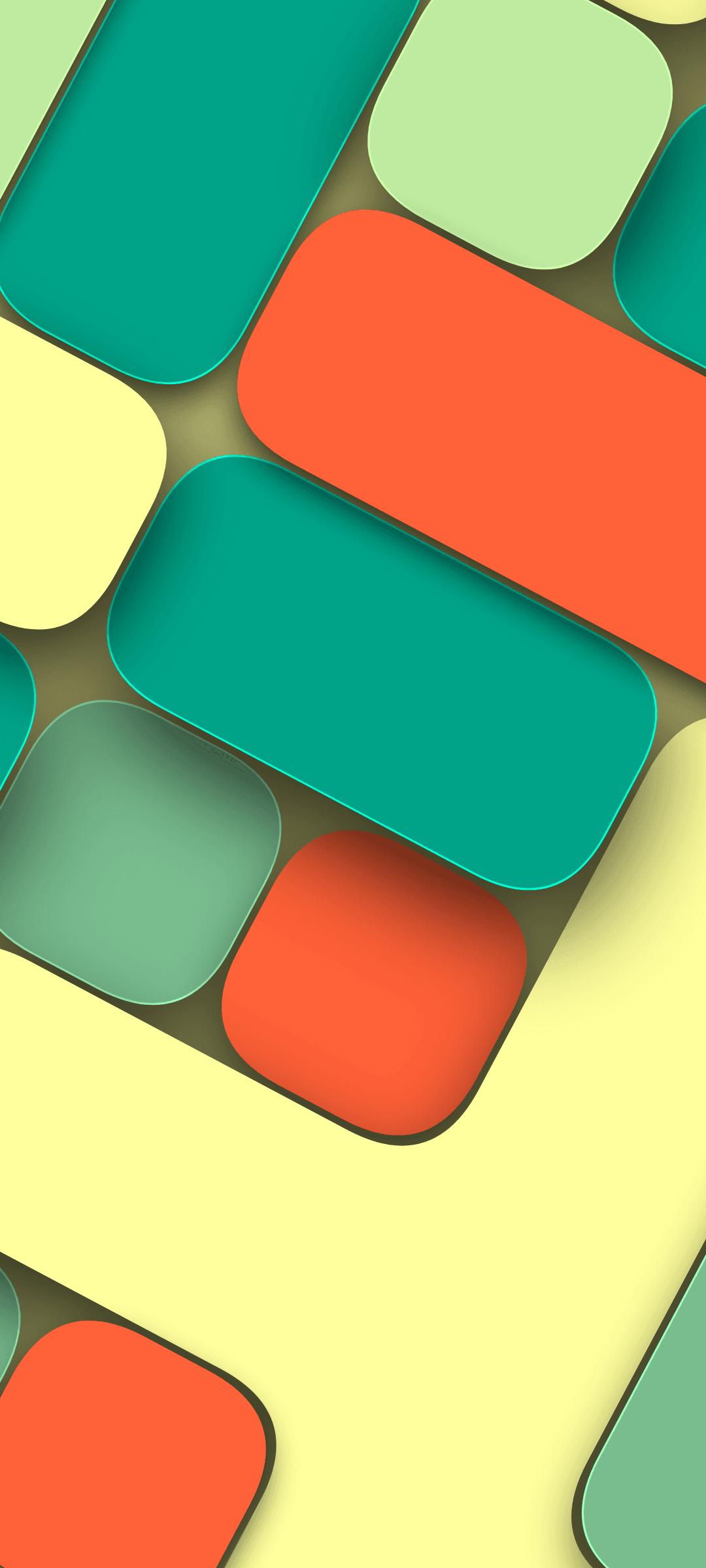 Teal and orange rounded rectangles overlap with soft shadows on a textured yellow background for a geometric feel.