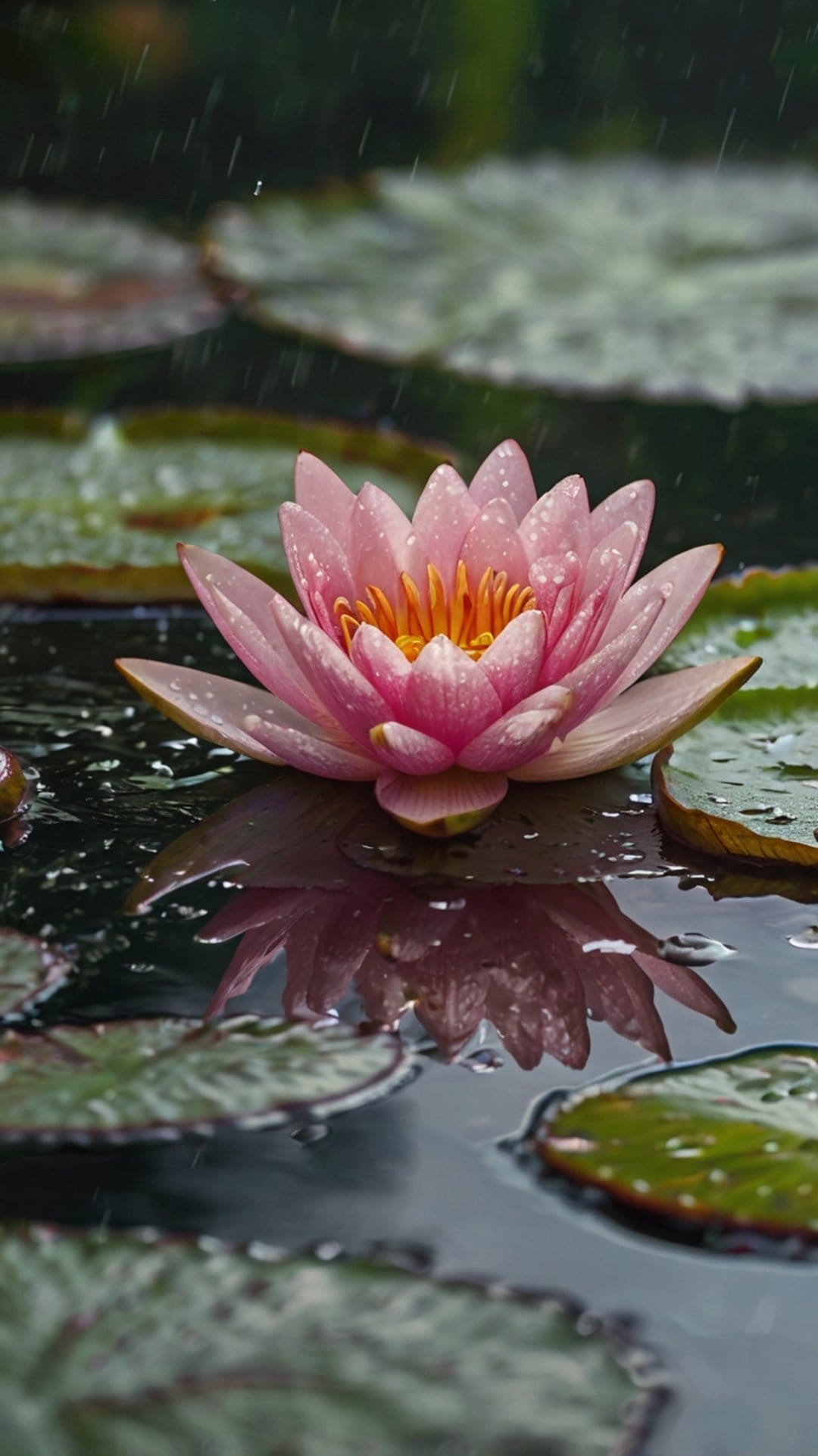 Pink water lily flower with transparent raindrops on petals situated in a calm pond during light rain shower.