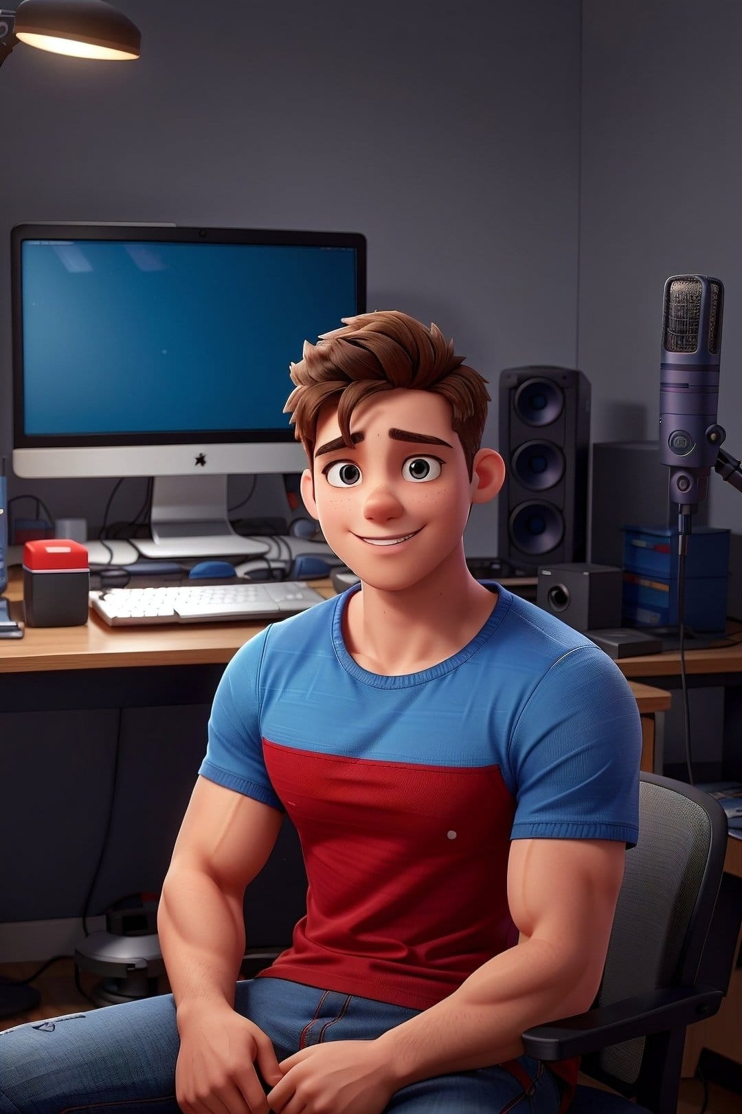 Young man with brown hair smiles at a gaming desk with a professional microphone and dual studio speakers.