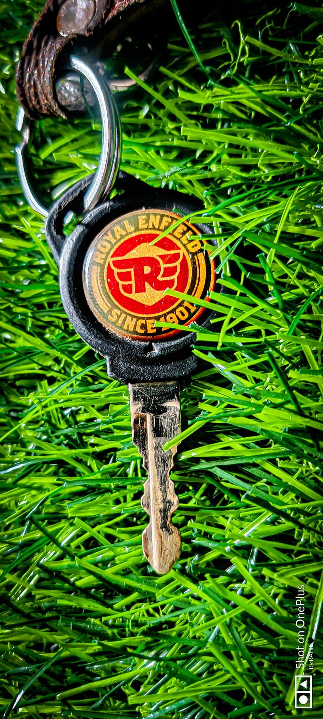 Royal Enfield motorcycle key featuring a circular logo emblem resting on a textured bed of green grass blades.