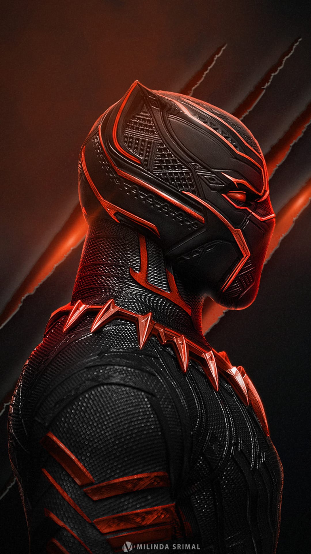 Black Panther wearing black armor with red highlights and glowing eyes against a backdrop of red claw marks.
