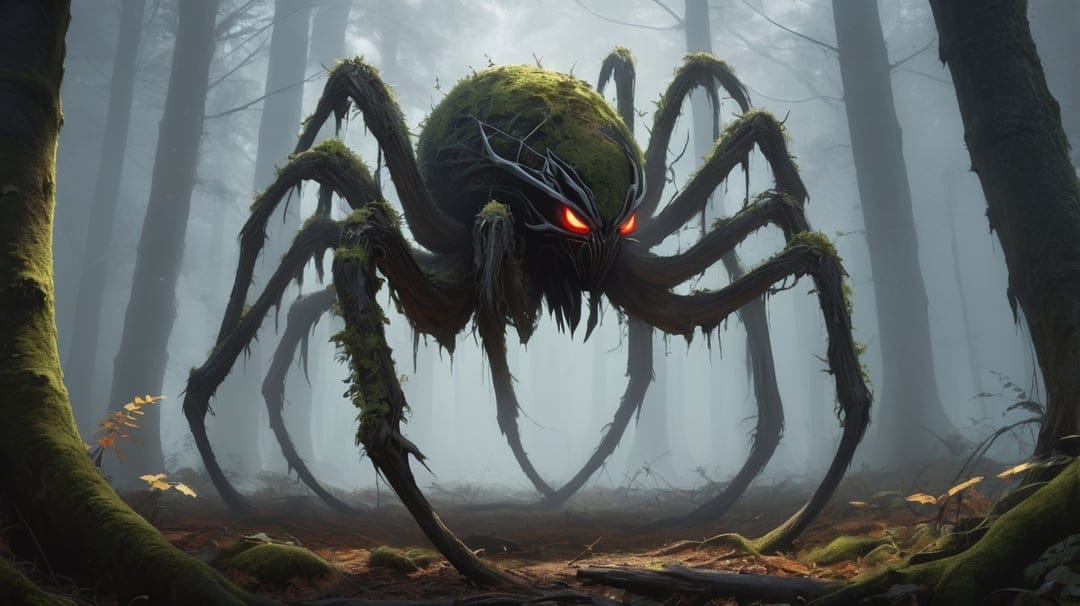 Giant moss-covered spider with glowing red eyes and sharp fangs crawls through a dense, foggy ancient forest.