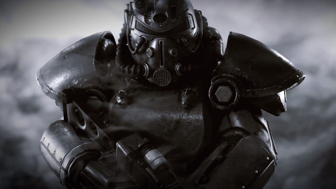 Detailed T-60 power armor suit with scratched metal and heavy plating amidst drifting smoke in monochrome.