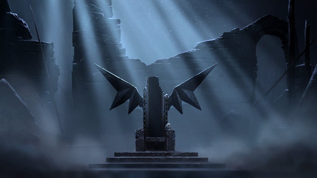 Sharp-winged stone throne centered in misty ruins under dramatic blue light beams and a starry sky.