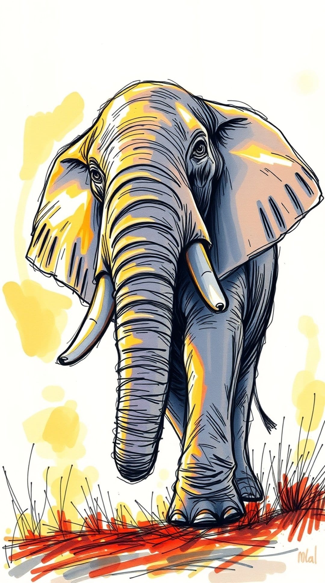 Elephant with orange and yellow accents walks through tall grass, featuring bold lines and a warm color palette.