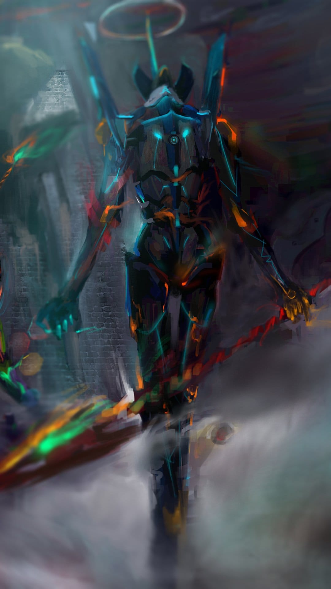 Evangelion Unit-01 holding a glowing lance with a golden halo above its head against a dark, blurred cityscape.