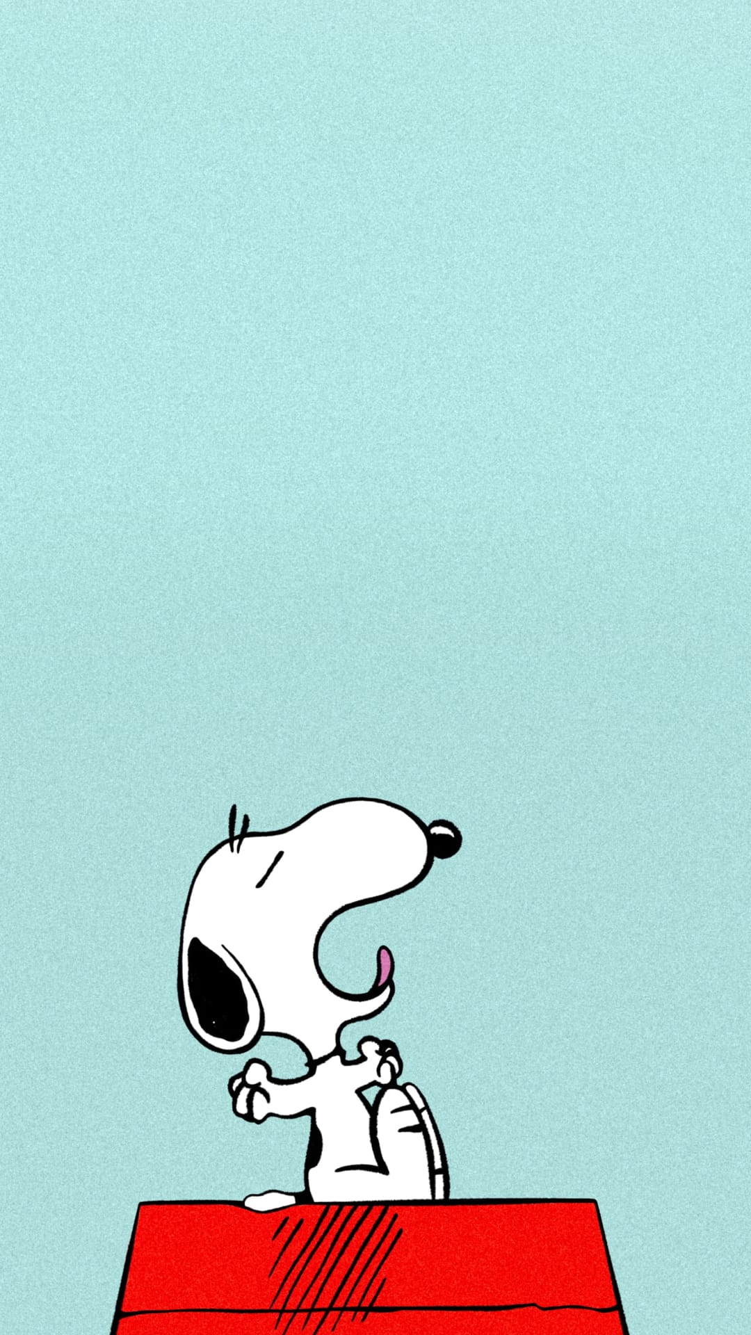 Snoopy yawns with mouth wide open atop his red doghouse against a plain light blue background.