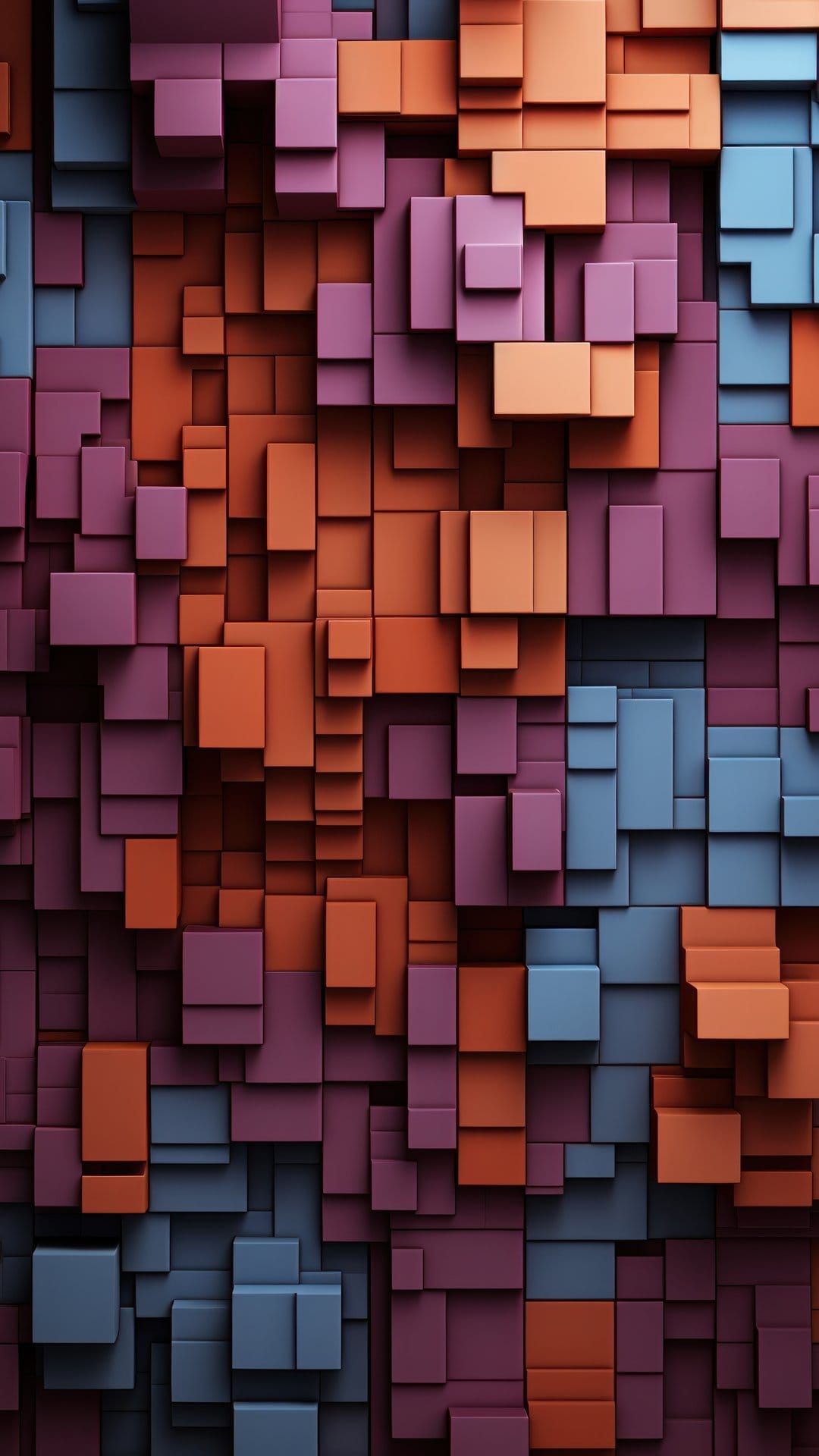 Interlocking 3D cubes in orange, purple, and blue featuring sharp shadows and highlights in a dense pattern.