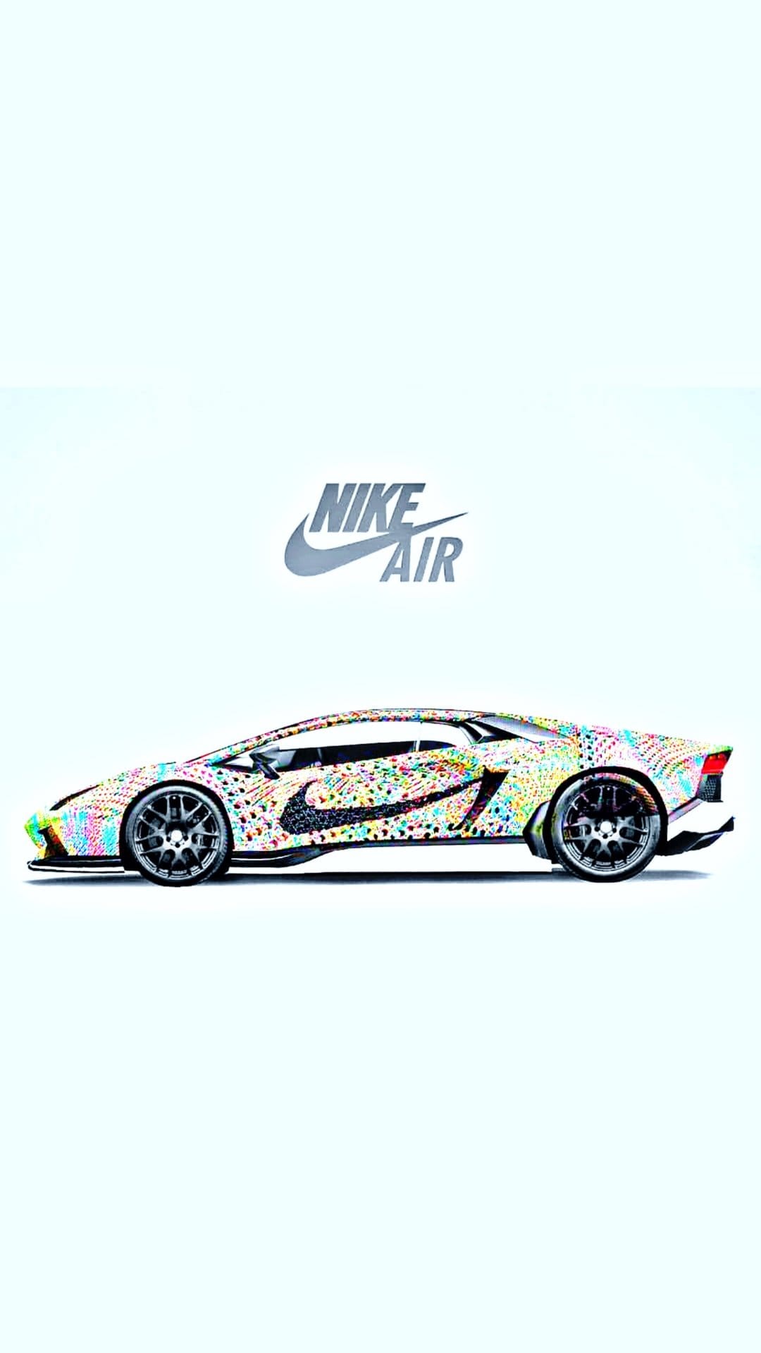 Lamborghini supercar featuring a colorful Nike Air wrap and vibrant neon accents on a vertical mobile display.