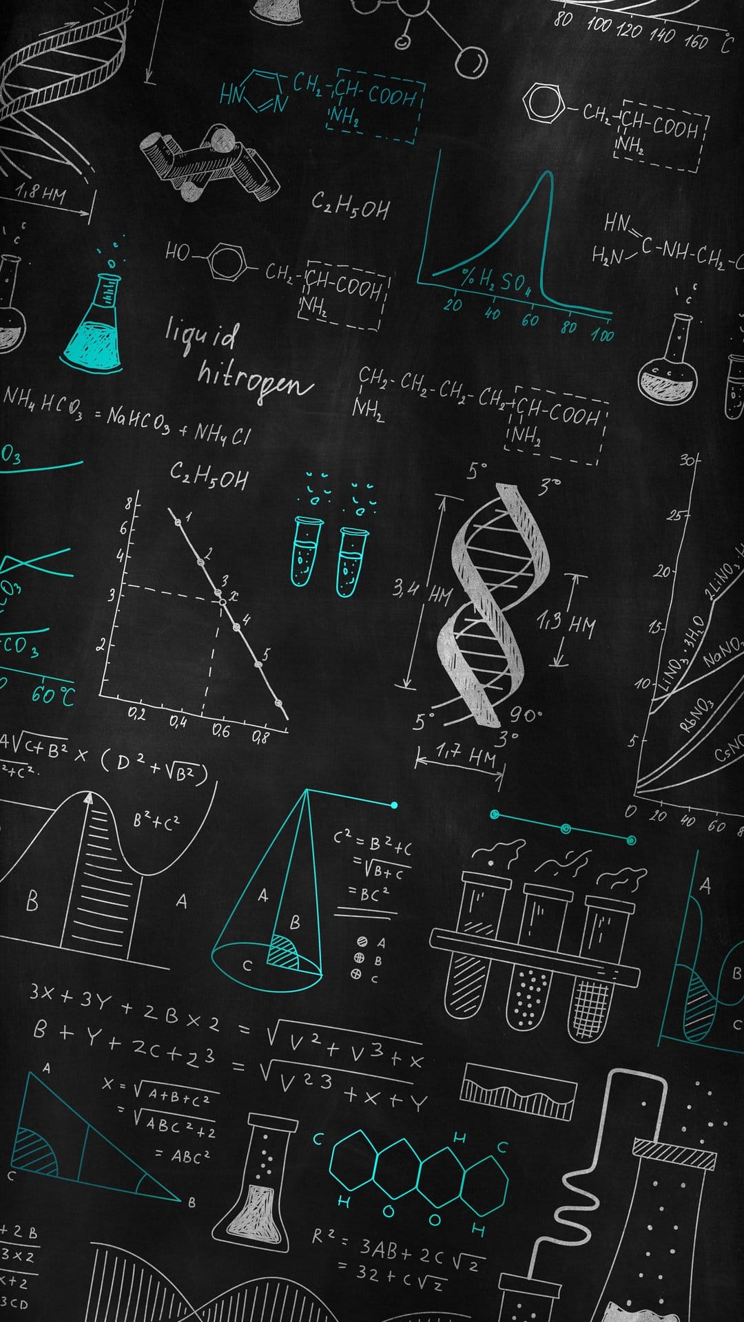 Scientific formulas and chemical structures hand-drawn in white chalk on a dark, textured slate background.