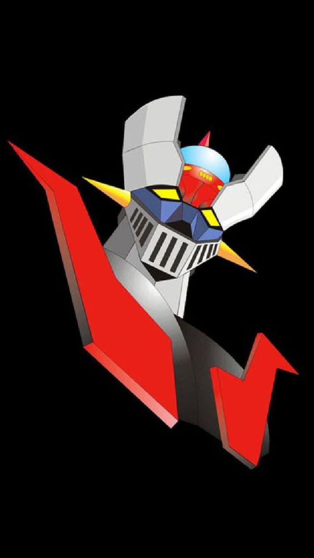 Mazinger Z super robot with a red chest piece and glowing yellow eyes stands against a deep black background.