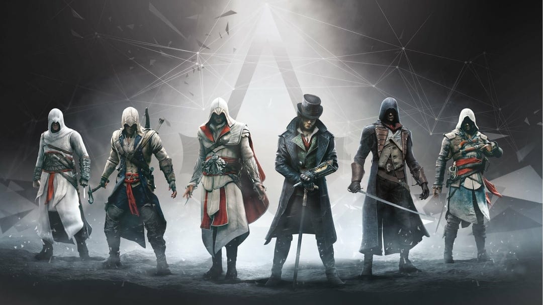 Six iconic Assassins stand in a row against a dark misty background with geometric lines and a large logo.