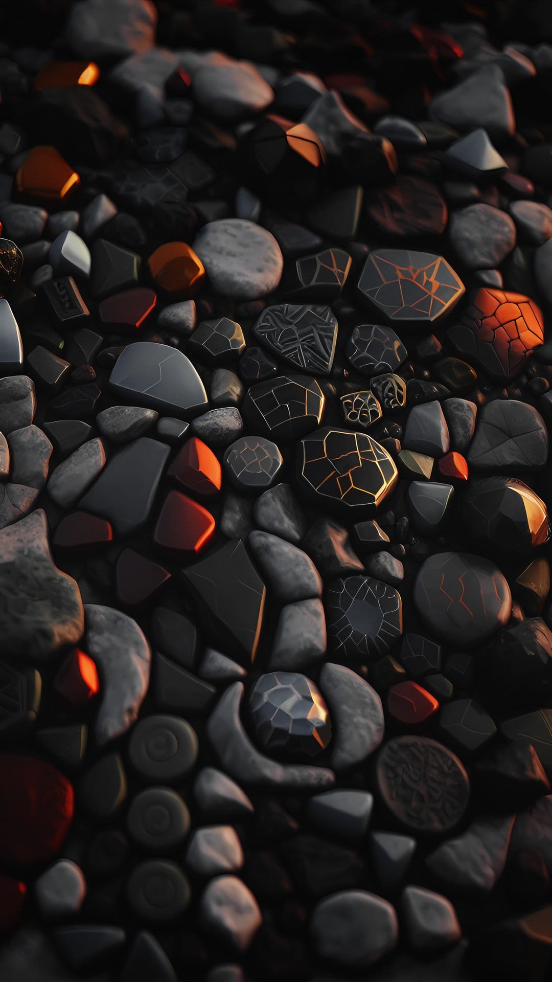 Polished black pebbles and angular stones with glowing fiery orange light seeping through the deep crevices.