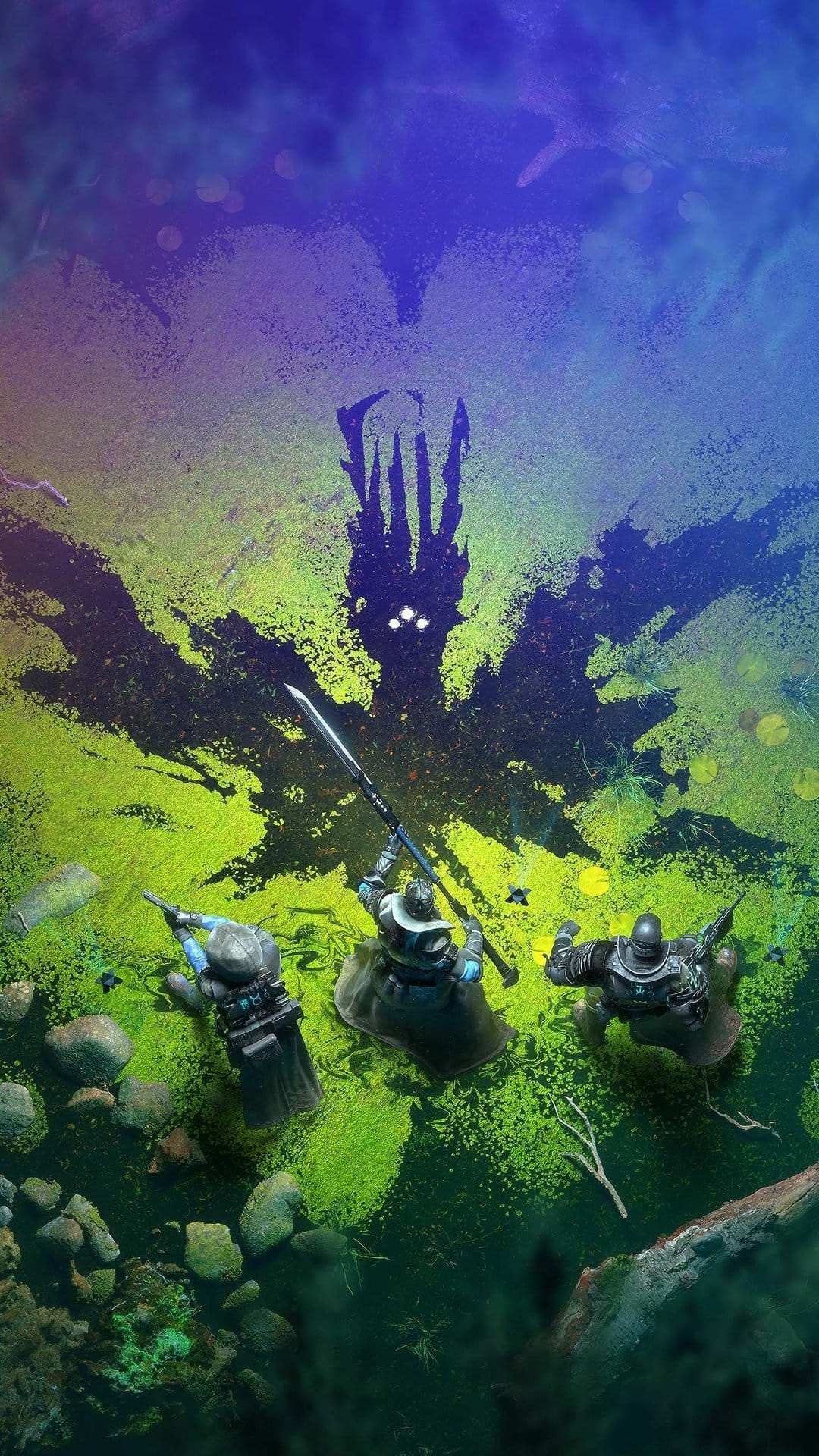 Three armored warriors stand in a glowing green swamp facing a giant dark shadow with three bright eyes.