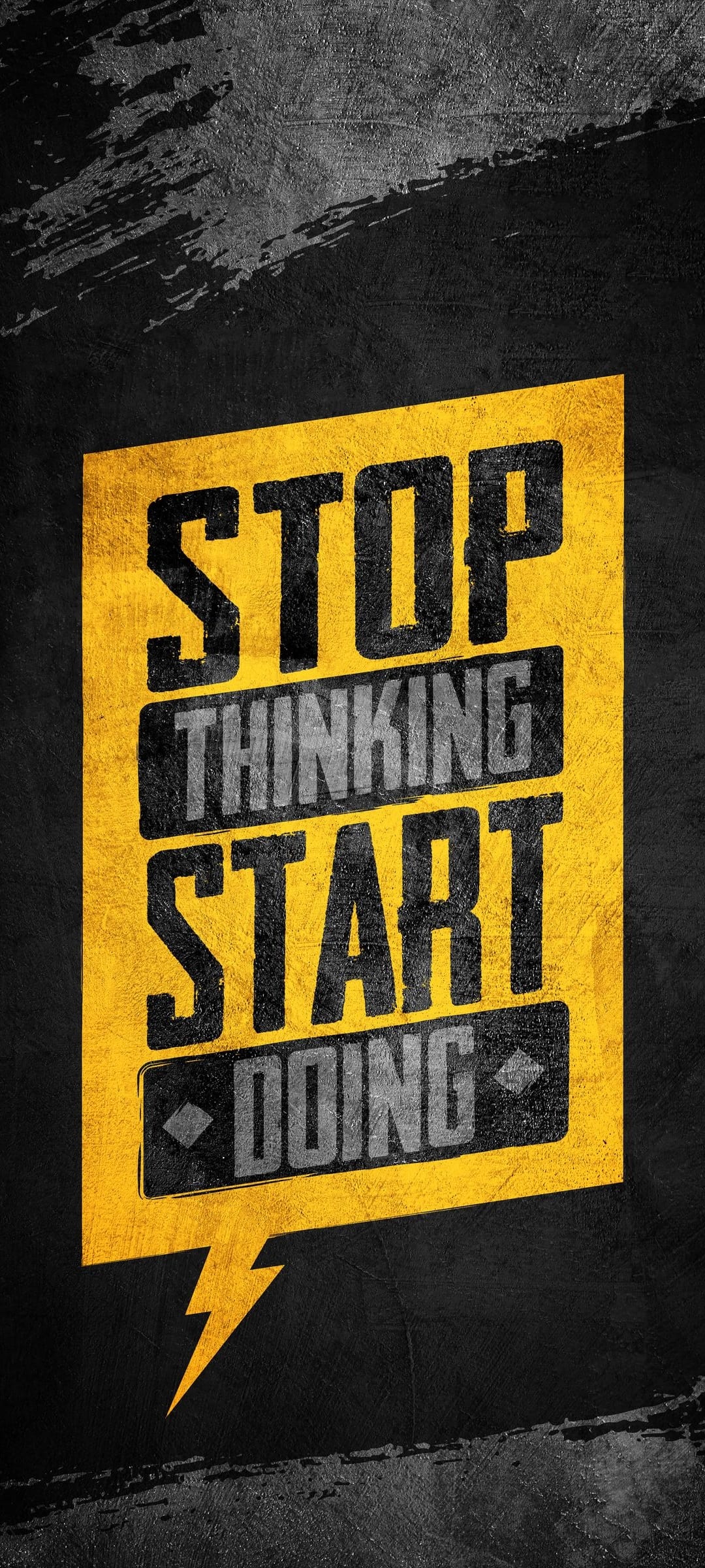Yellow sign with Stop Thinking Start Doing text and a lightning bolt icon on a dark textured background.