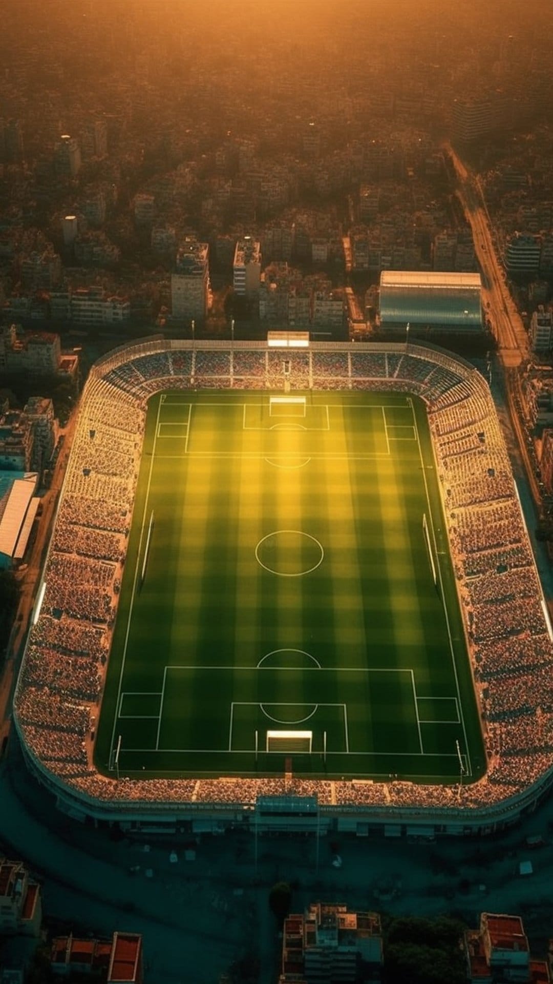 Football stadium with an illuminated green pitch and crowded stands under a hazy orange sunset sky.