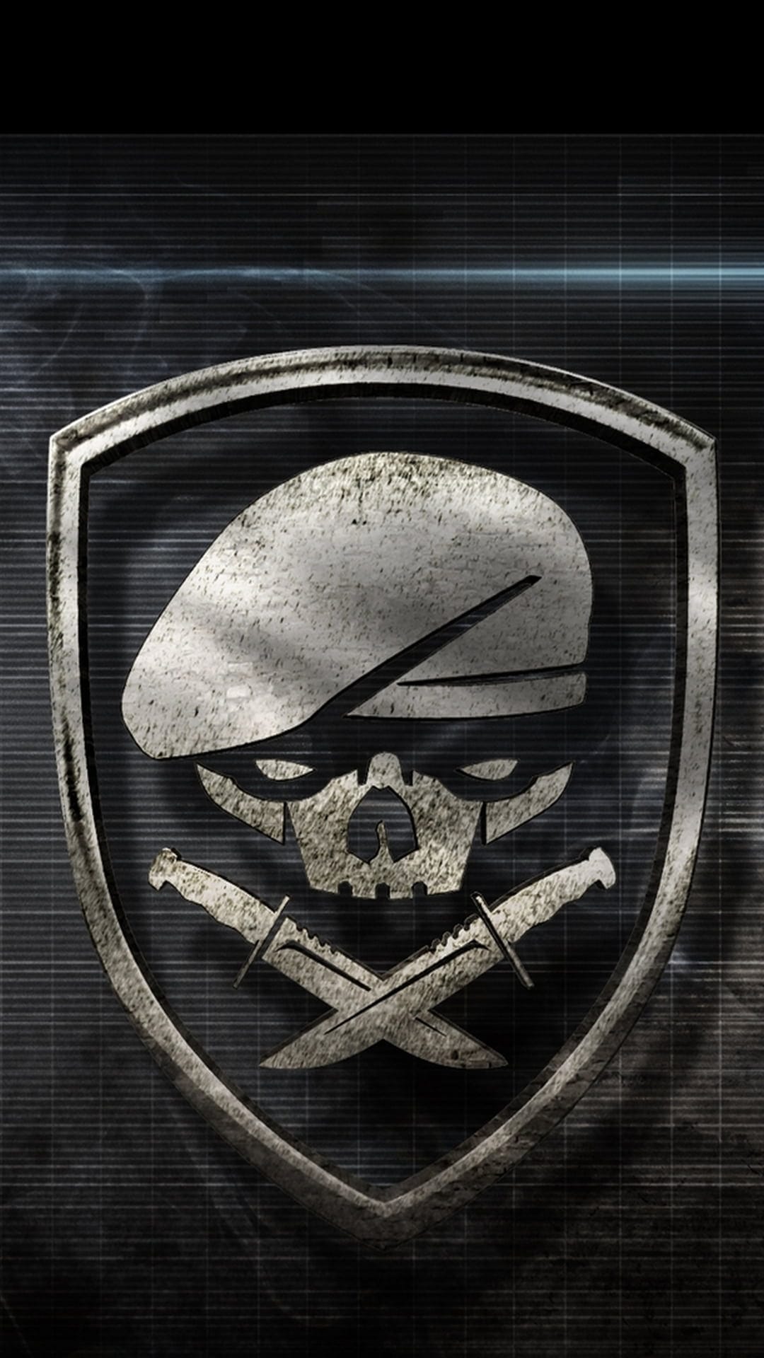 Weathered metallic skull wearing a beret positioned above two crossed combat knives on a dark grid backdrop.