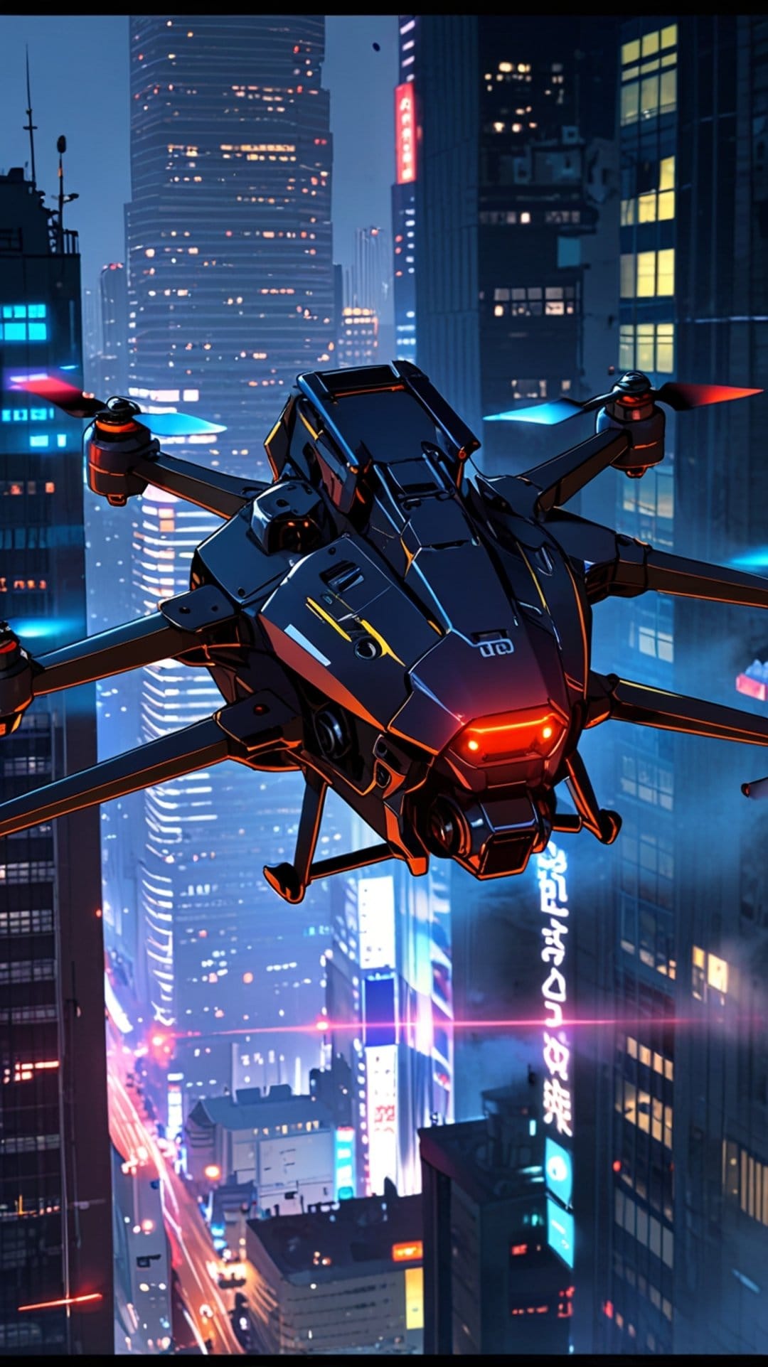 Sleek drone with red glowing lights hovers before a dense city of neon skyscrapers under a dark night sky.