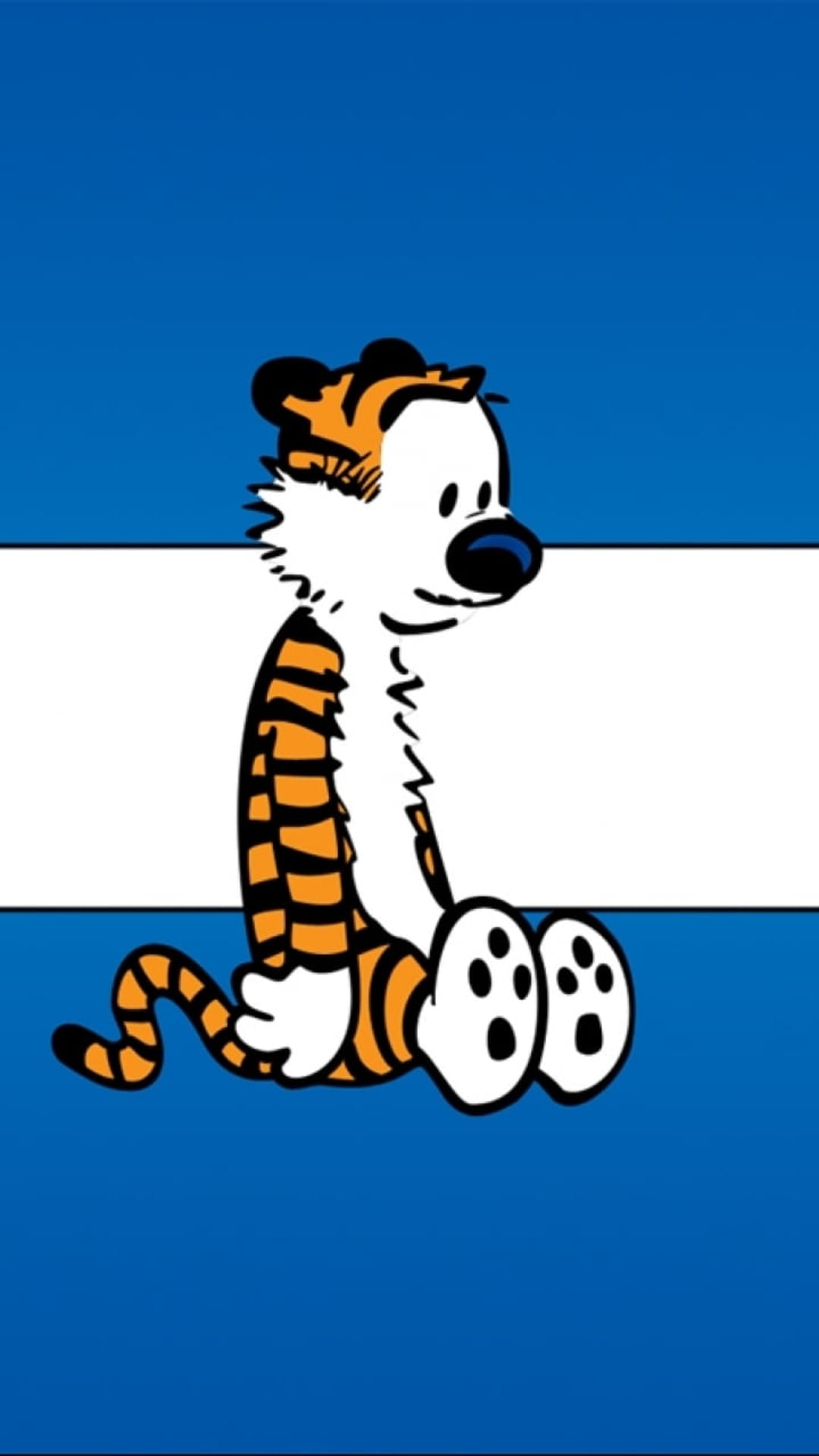 Hobbes the orange tiger sits in a pensive pose against a background of bold blue and white horizontal stripes.