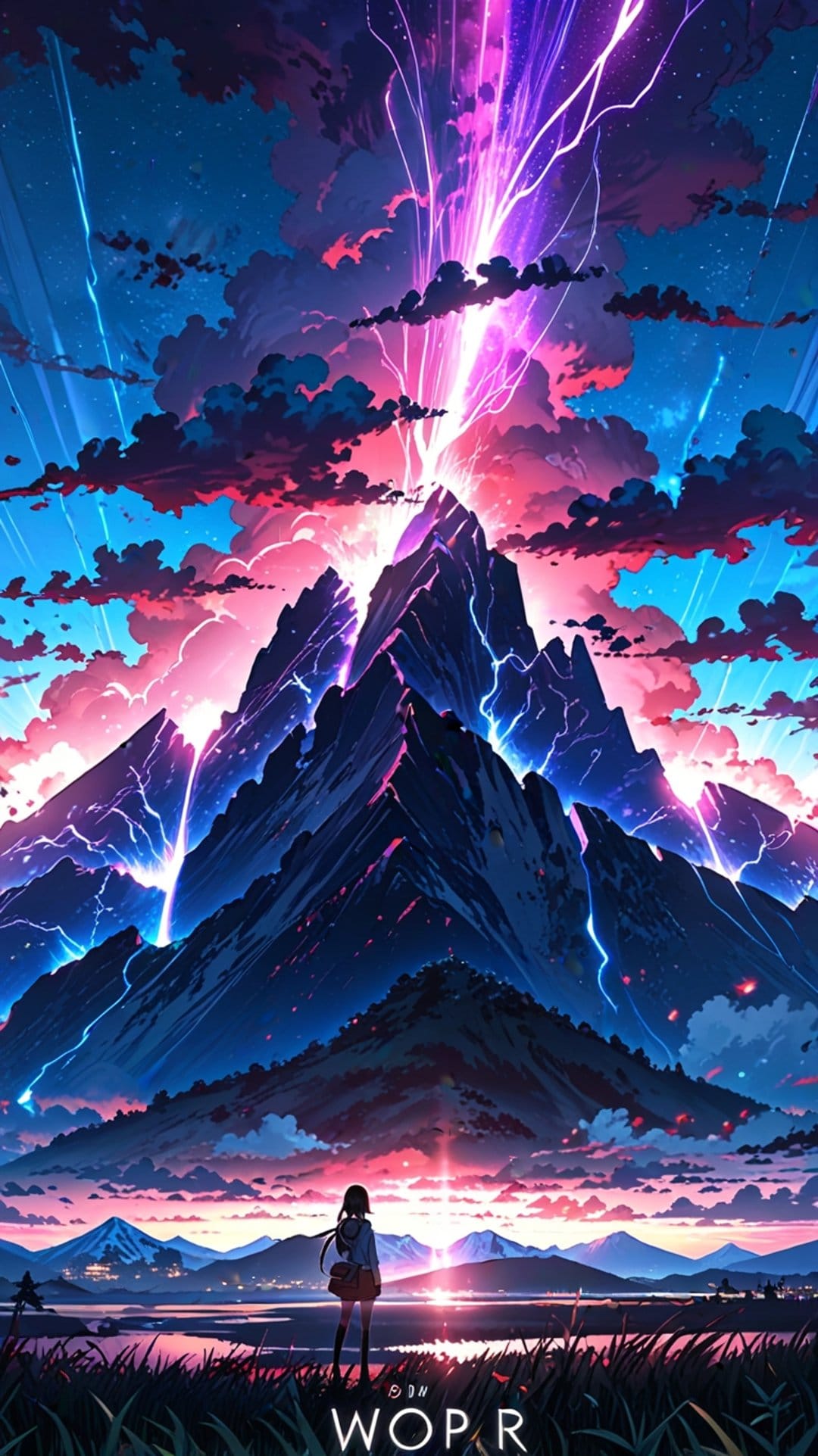 Solitary figure watches purple lightning bolts strike jagged mountain peaks under a swirling cosmic night sky.