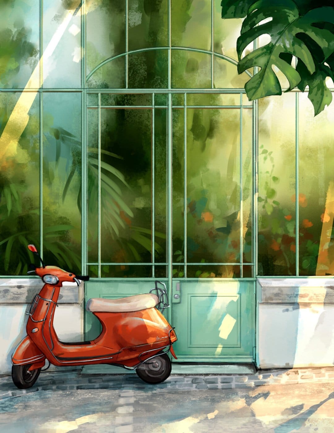 Orange vintage scooter parked on cobblestones next to a green glass greenhouse door under dappled sunlight.