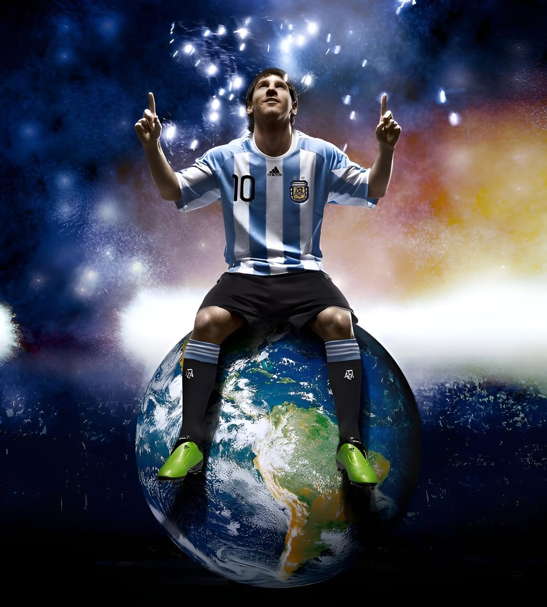 Lionel Messi in an Argentina jersey sits on a globe as fireworks burst against a dark, starry night sky background.