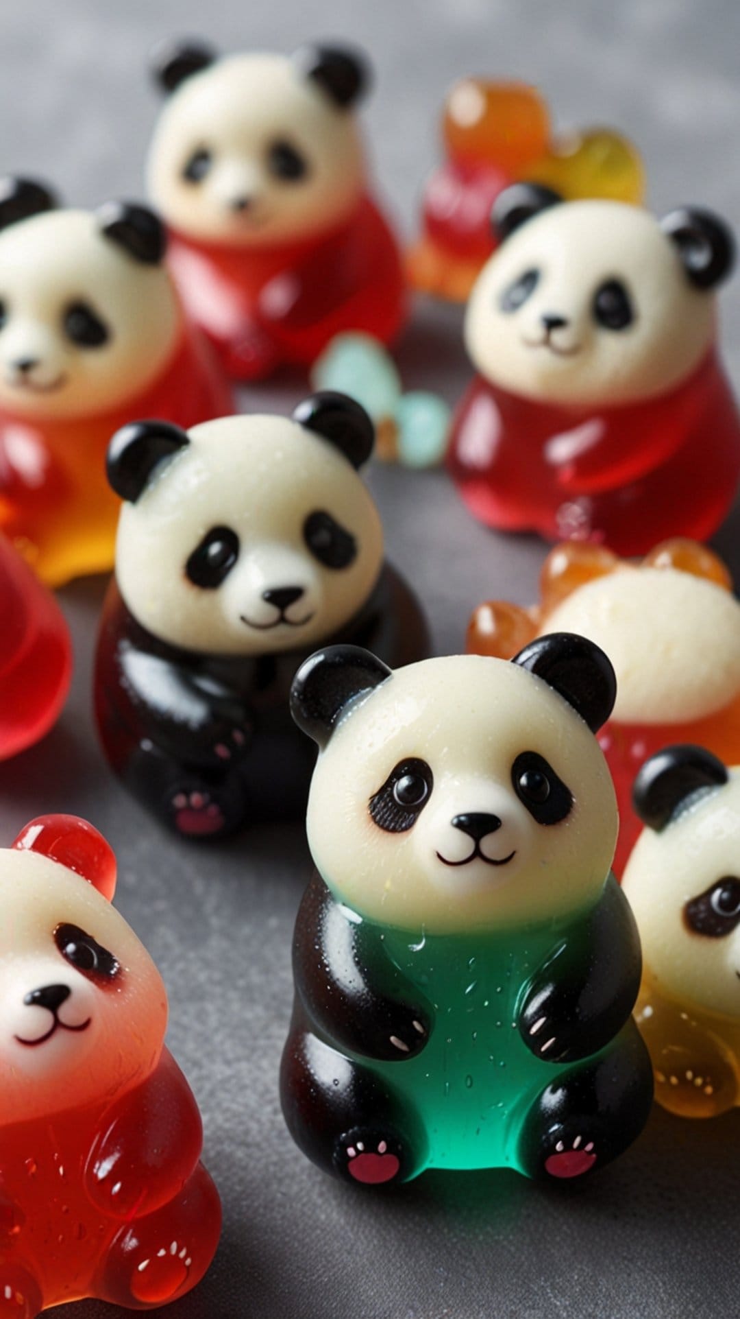 Panda gummy candies in red, orange, and green hues with classic black and white faces in a vertical food layout.