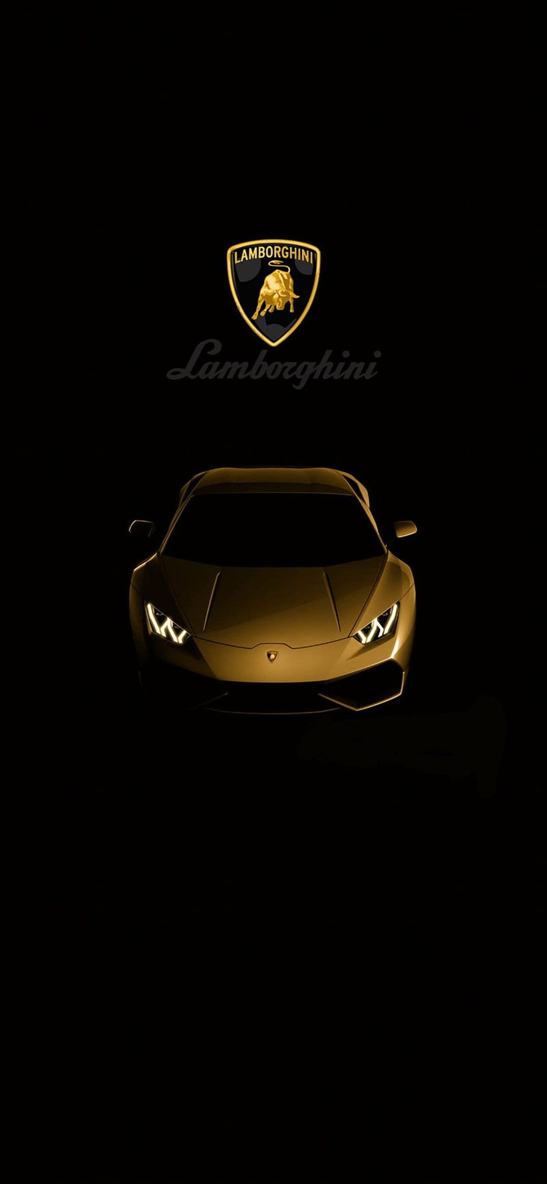 Lamborghini Aventador in metallic gold with glowing headlights set against a black backdrop with the car logo.