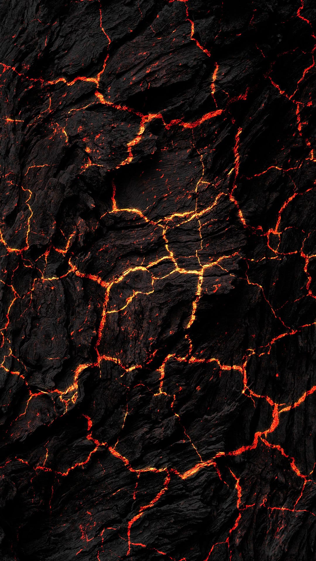 Molten red lava flows through deep cracks in dark volcanic rock, creating a high-contrast geothermal texture.