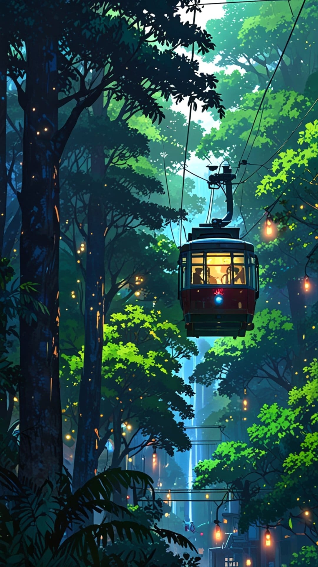 Glowing cable car floating through a dense twilight forest with hanging fairy lights and vibrant green trees.