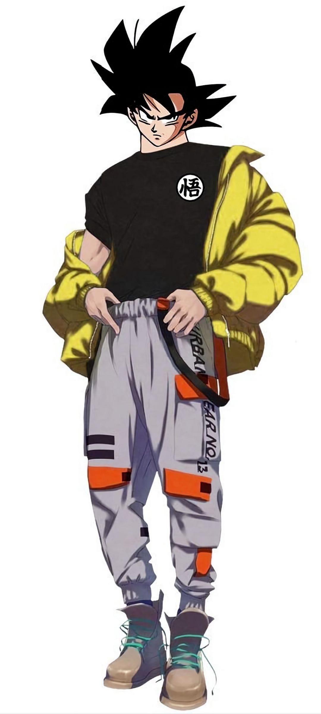 Goku wears a yellow bomber jacket, black kanji tee, and grey cargo pants while posing in a modern city style.