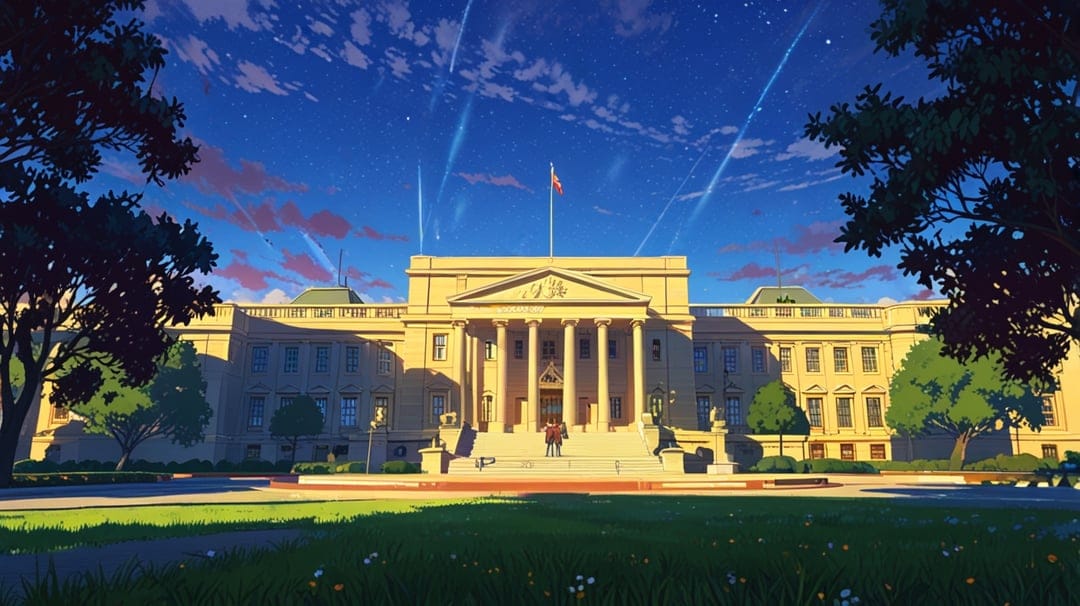 Neoclassical domed building glows with gold light under a starry purple sky with pink clouds and green trees.