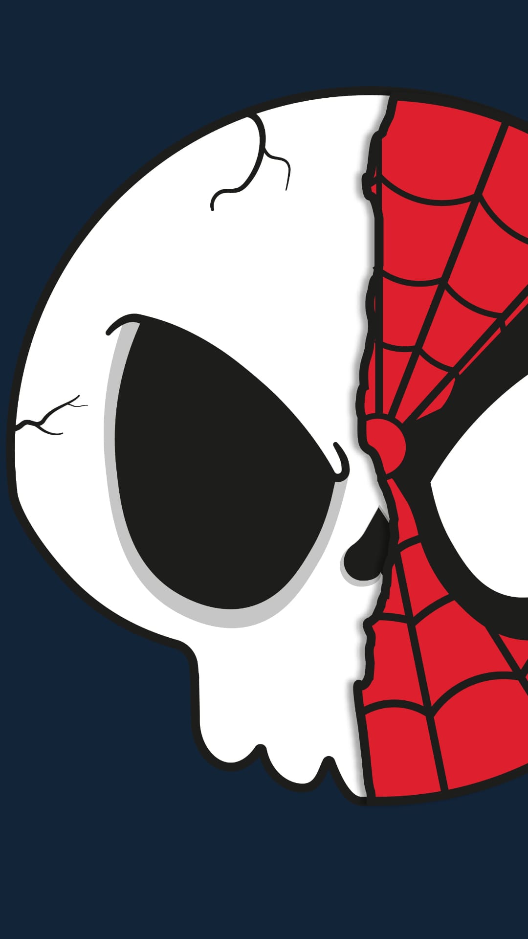 Spider-Man mask merged with a white skull features intricate webbing and a dark navy blue background.