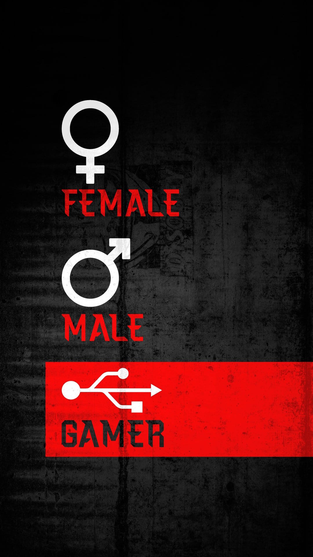 Male and female signs beside a USB trident icon on a black textured background with the word GAMER below.