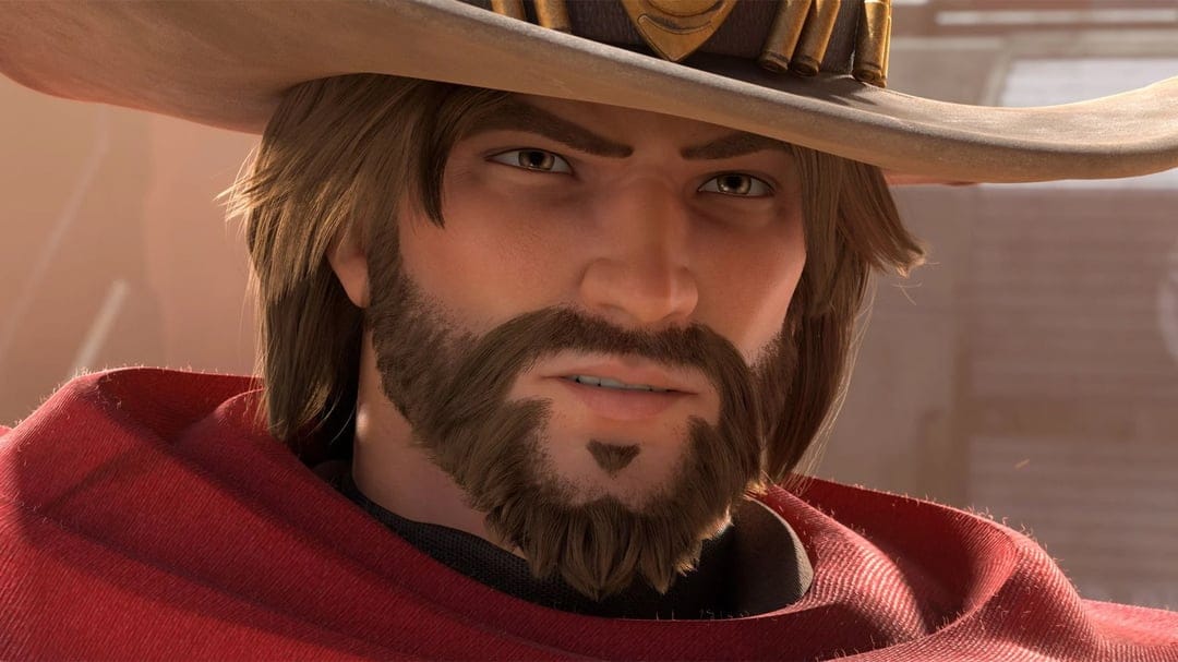 Close-up portrait of a cowboy character with a brown hat, beard, and red poncho in a cinematic 3D style.