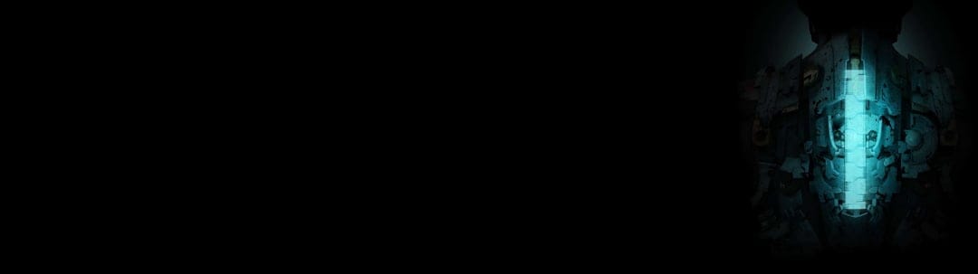 Glowing cyan health bar on the back of Isaac Clarke's industrial space armor against a black background.