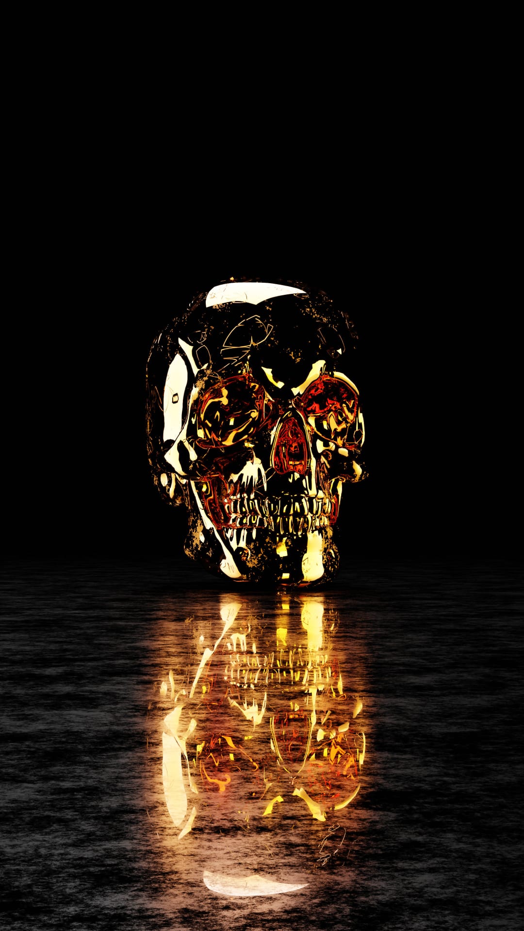 Gold skull with glowing red eye sockets resting on a black reflective surface against a dark background.