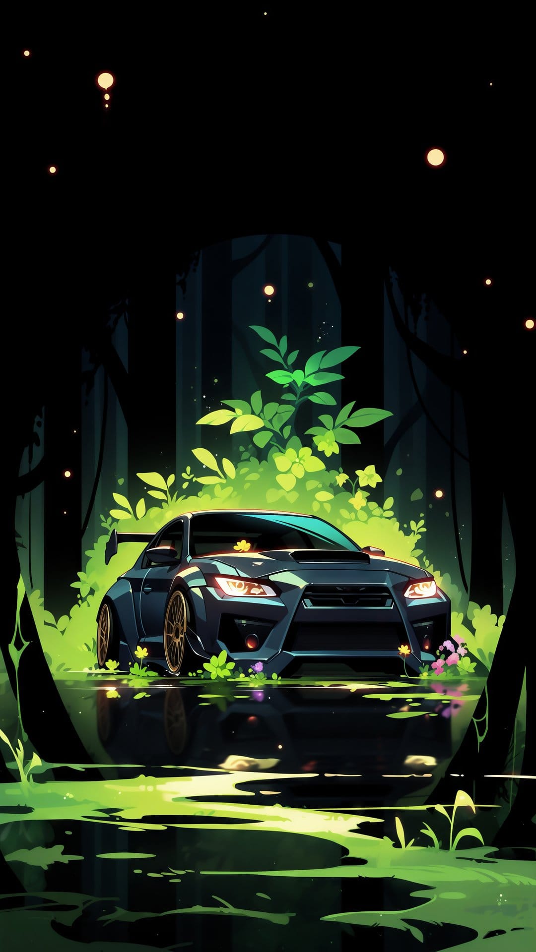 Black sports car with lit headlights parked in a glowing green forest beside a reflective pool of water.