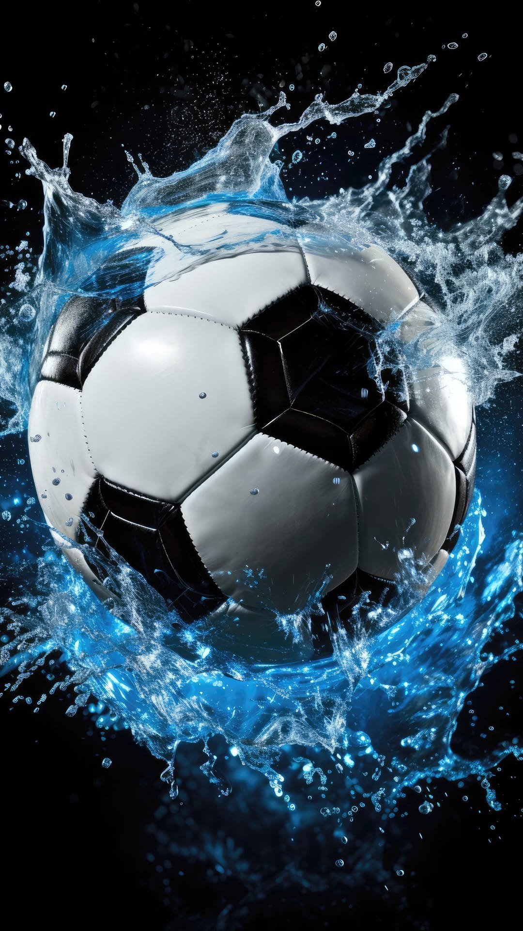 Black and white soccer ball crashing into bright blue water with frozen droplets and splashing waves.