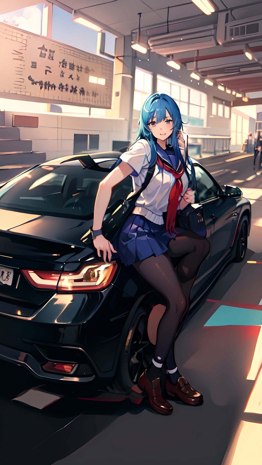 Blue-haired student in a school uniform leans on a sleek black car in a sunlit garage with bright highlights.