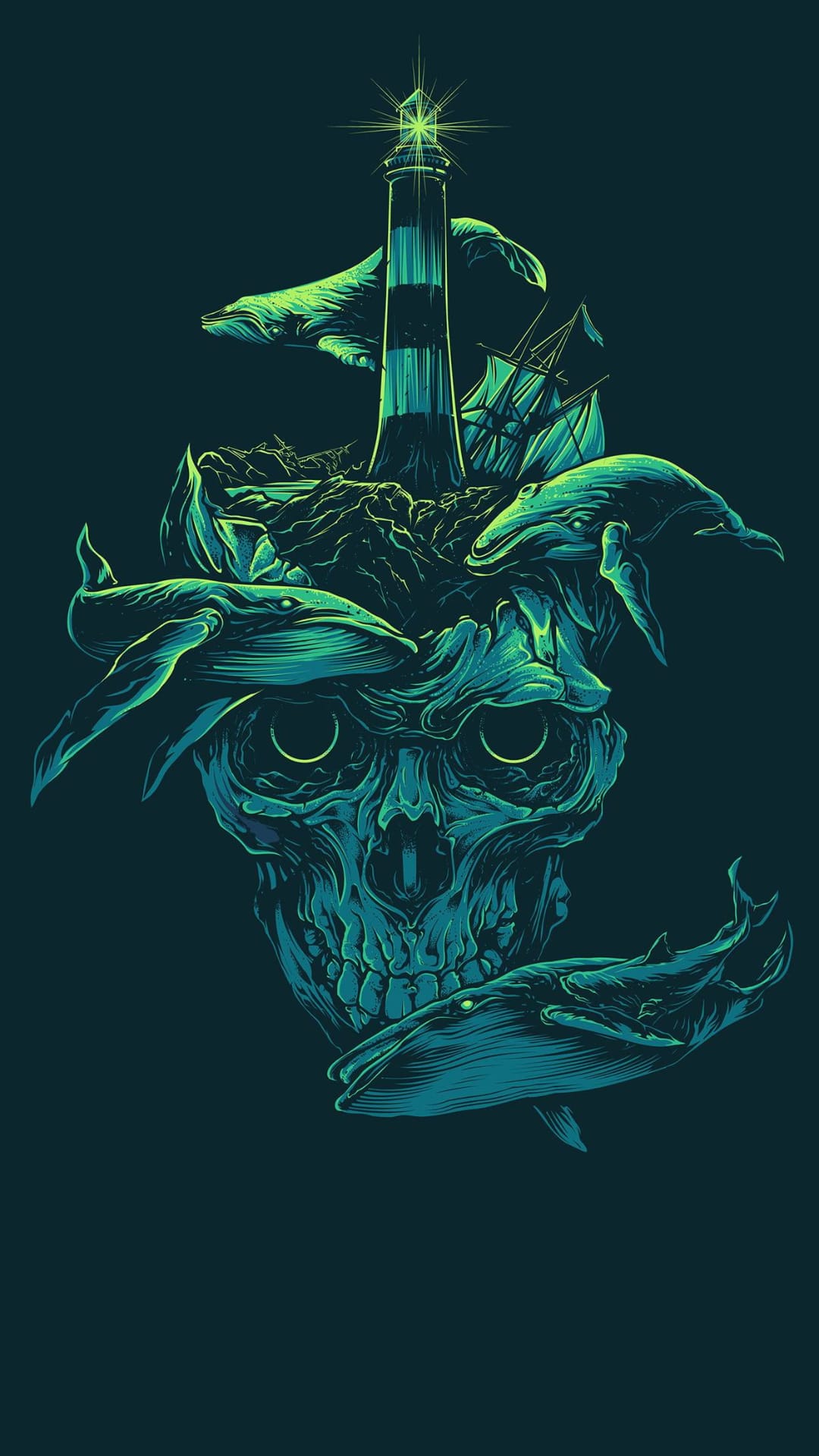 Human skull topped with a lighthouse as giant whales breach through dark green and blue turbulent ocean waves.