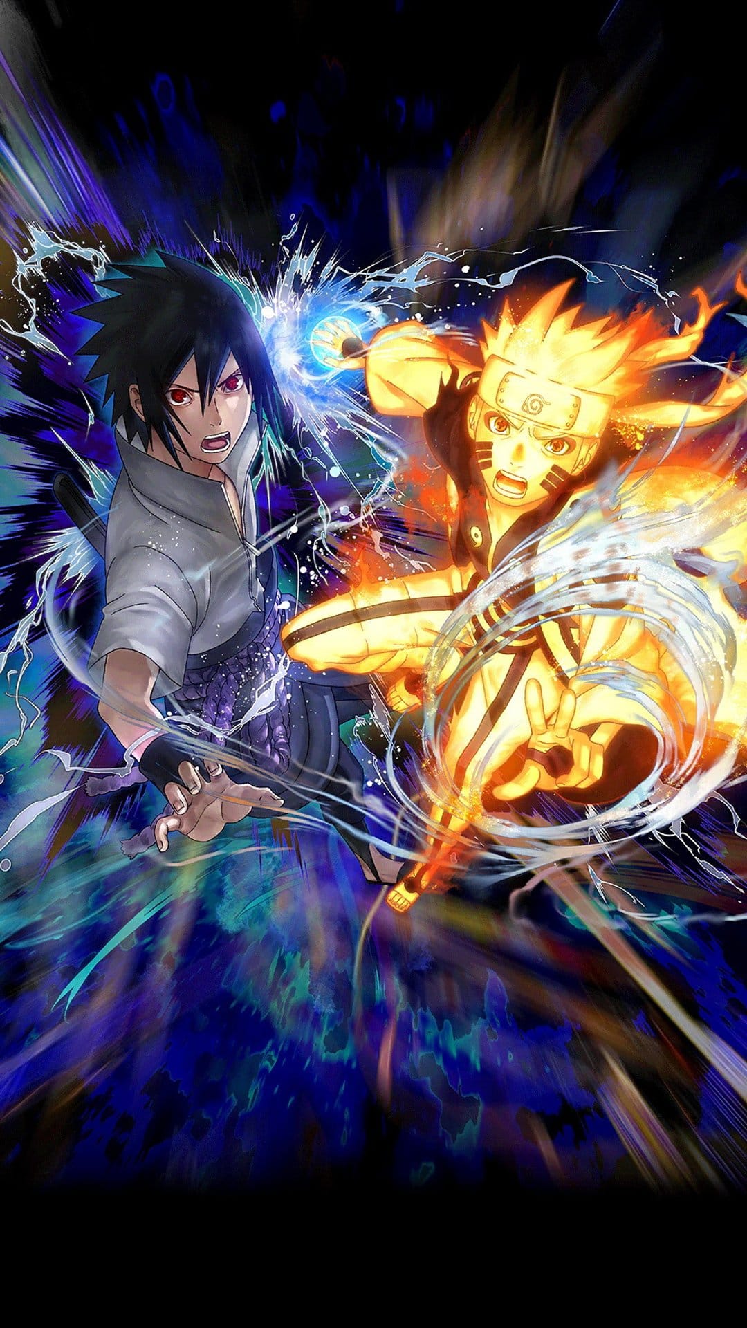 Naruto Uzumaki and Sasuke Uchiha collide with orange chakra and blue lightning amidst swirling blue water.