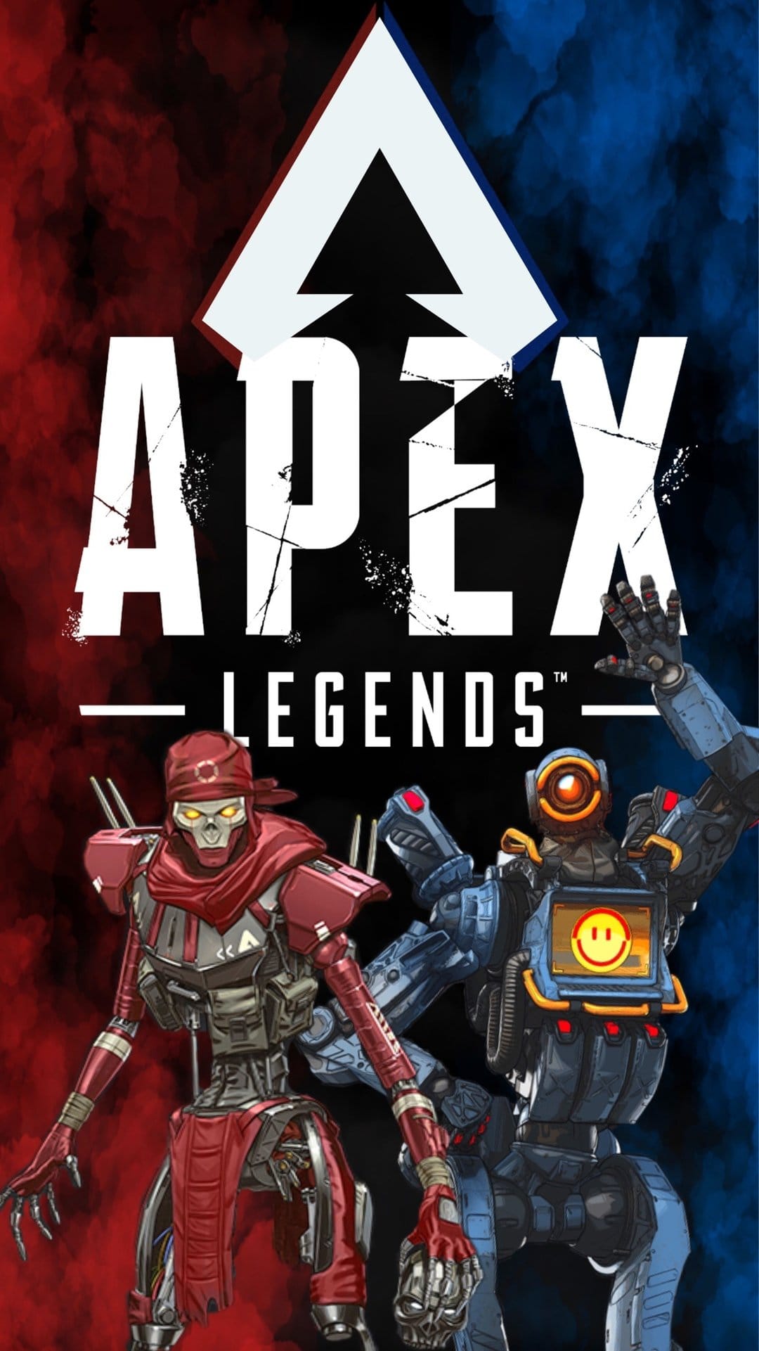 Revenant and Pathfinder stand before a red and blue smoke background beneath the white Apex Legends game logo.