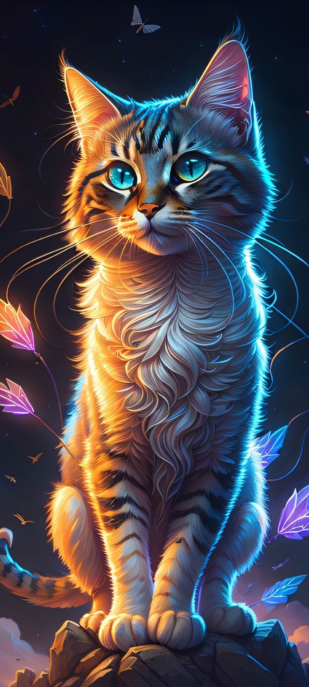 Striped cat with glowing blue eyes sits among neon butterflies and bioluminescent leaves against a starry sky.