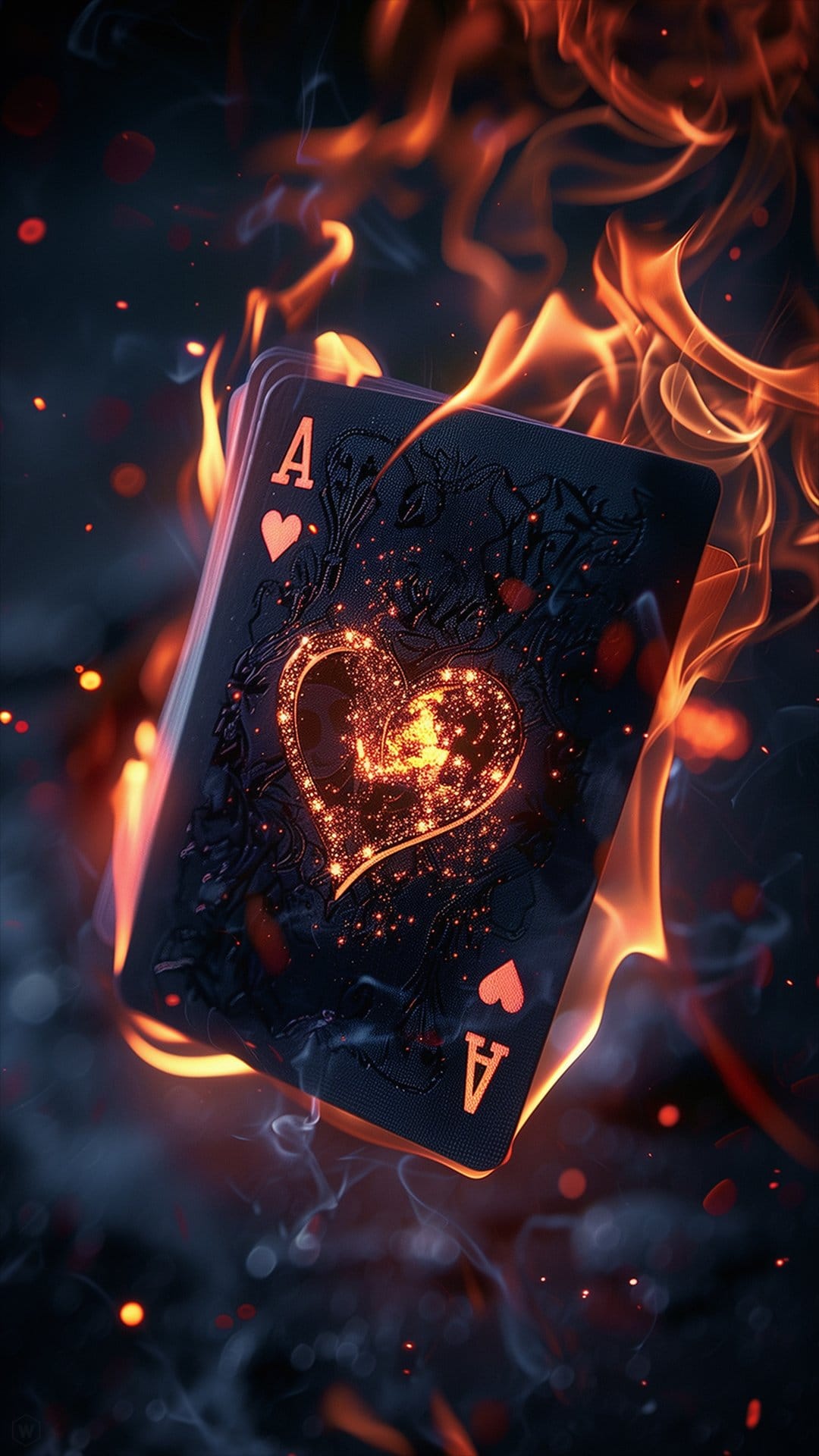 Black Ace of Hearts playing card engulfed in vibrant orange flames and glowing embers against a dark backdrop.