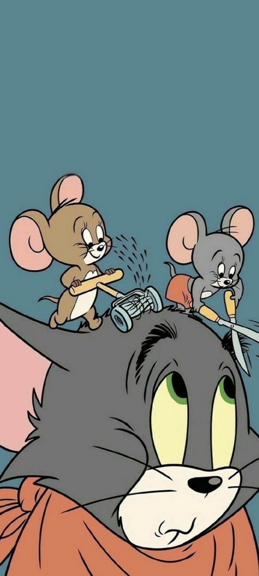 Jerry mouse holds a vacuum nozzle to Tom's head while Nibbles prepares to snip his fur with silver scissors.