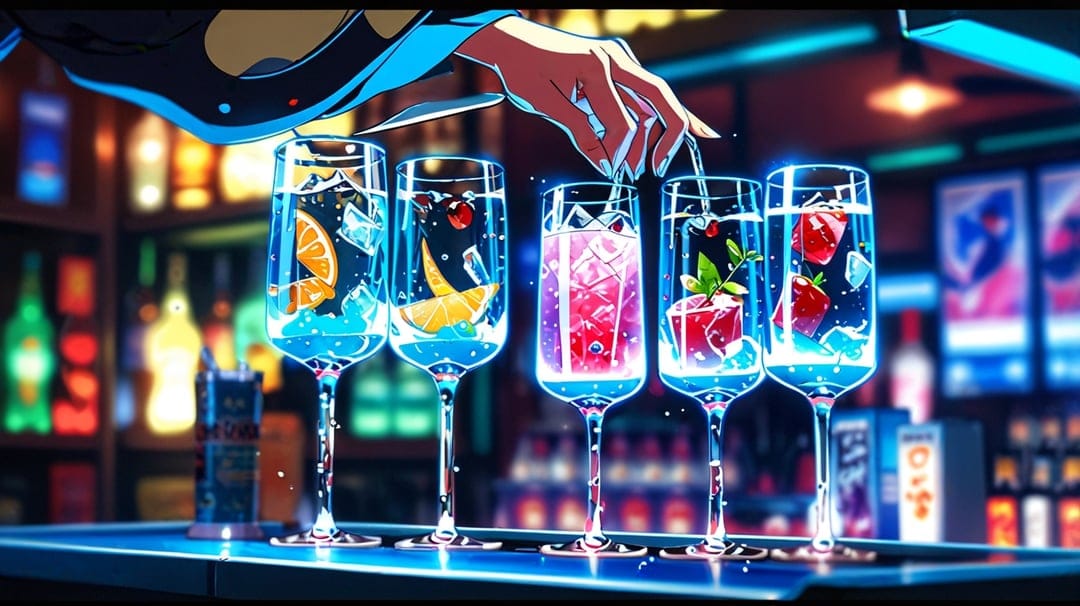 Hand garnishing colorful cocktails on a glowing neon bar with blurred liquor bottles and purple light.
