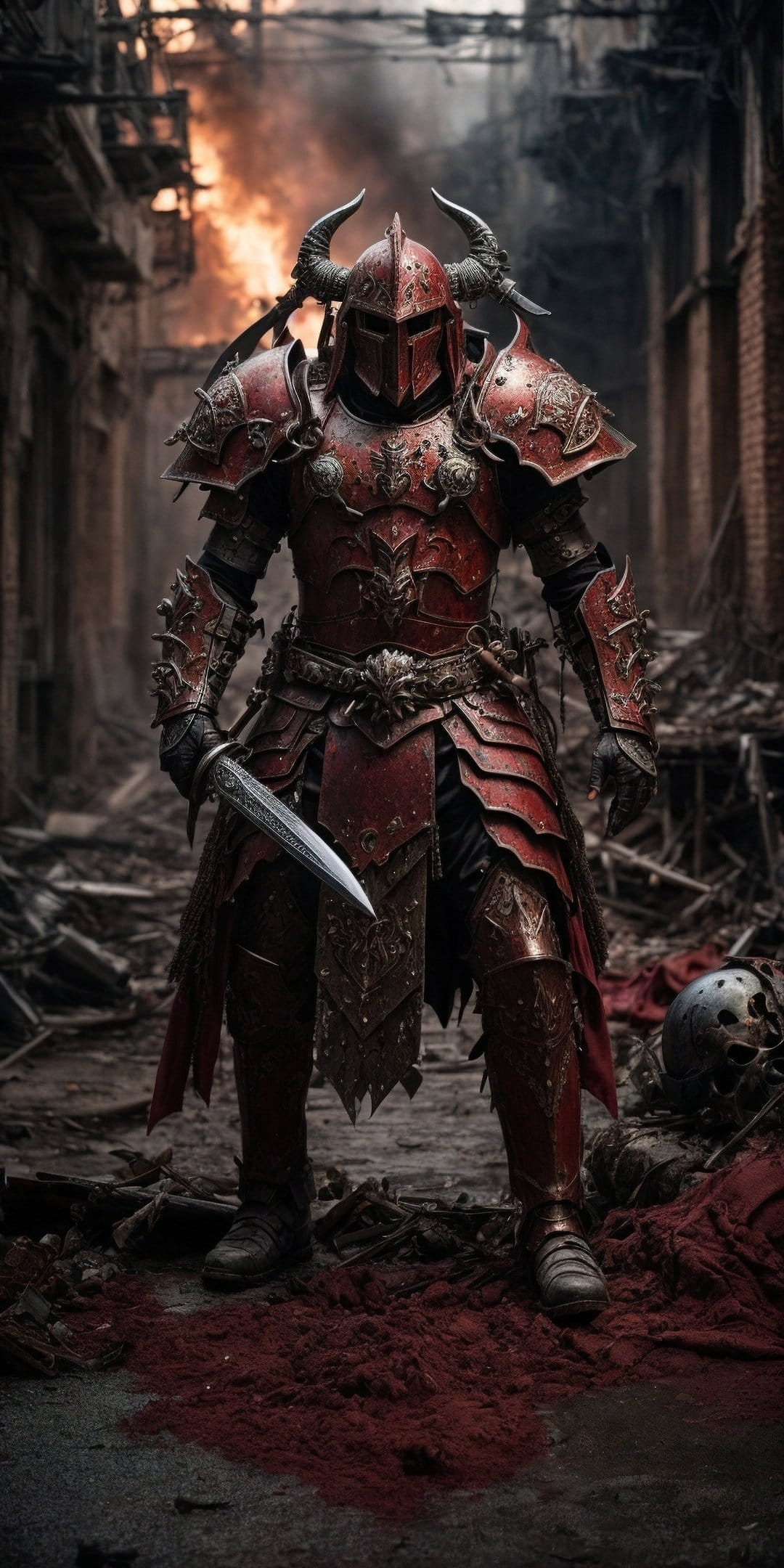 Horned warrior in red and black armor holds a dagger amidst smoking ruins and blazing fires of a destroyed city.