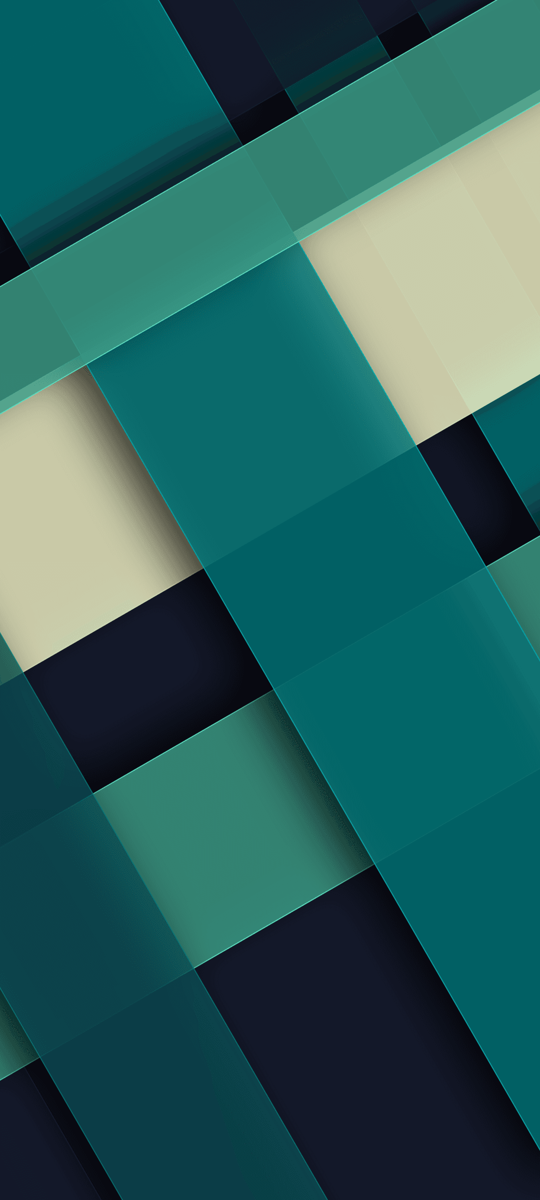 Teal and beige interlocking geometric shapes create a diagonal pattern with layered architectural depth.